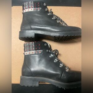 1901 Nordstrom Black Leather Ankle Boots with Plaid Trim